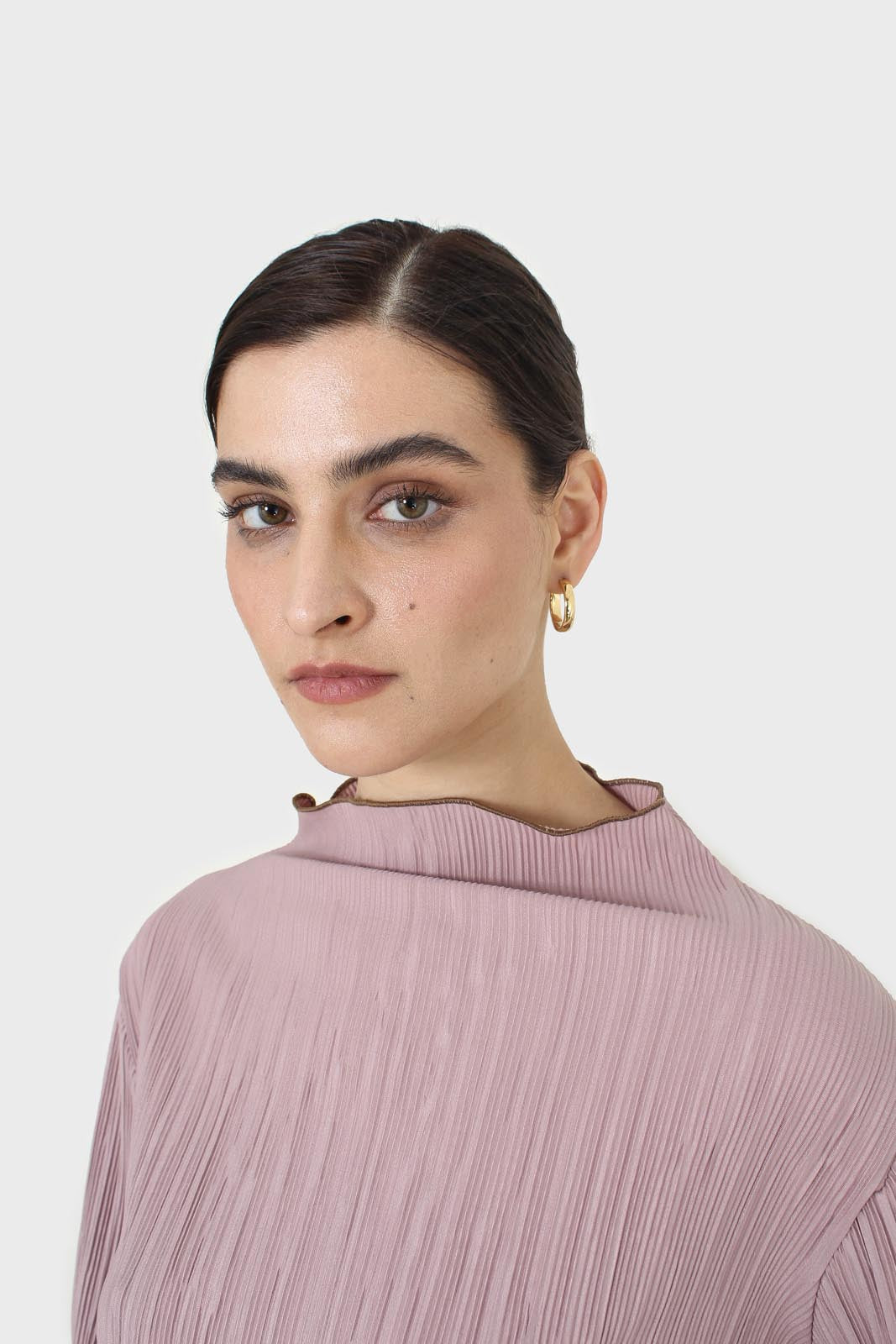 Pink micro pleat khaki contrast trim long sleeved top