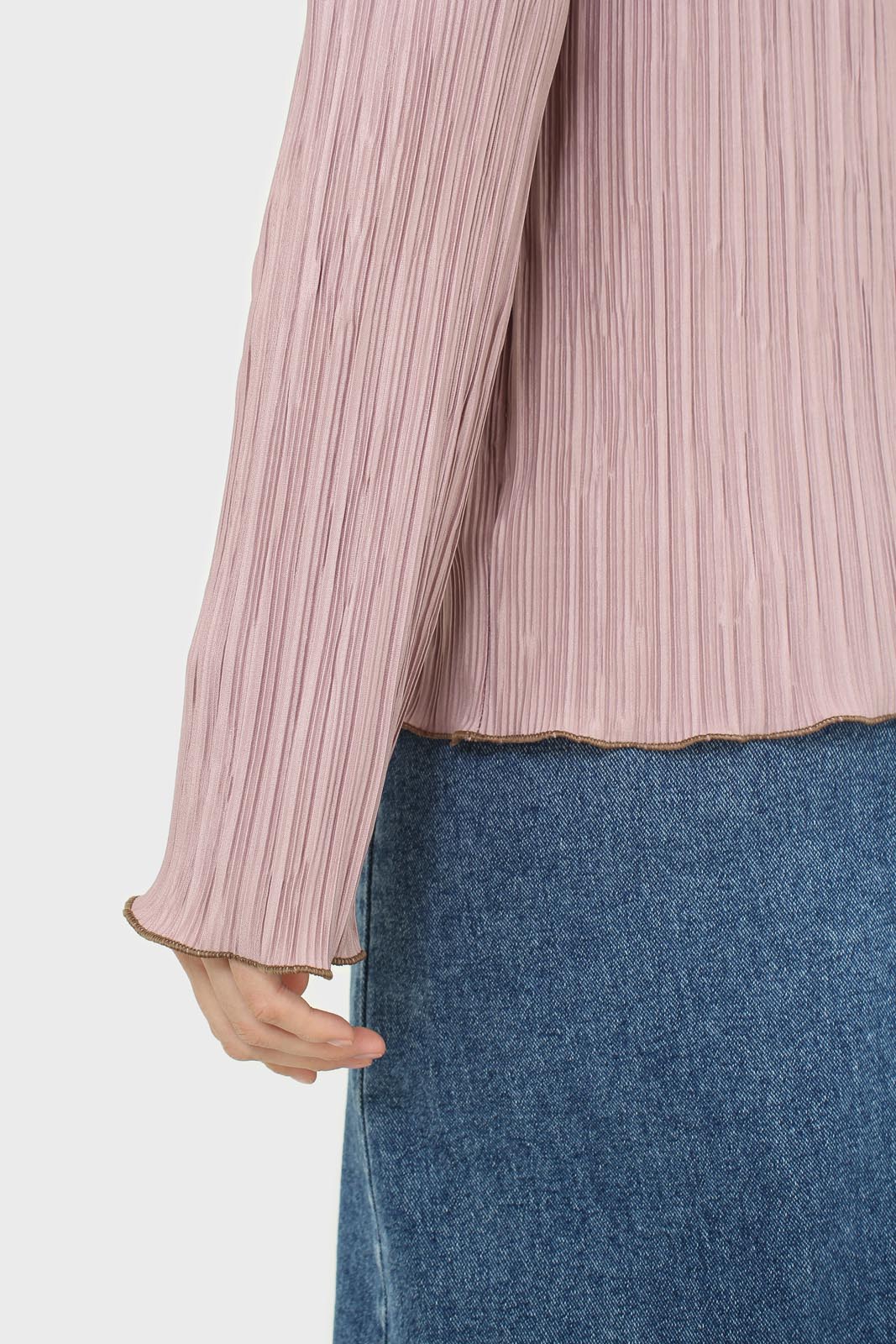Pink micro pleat khaki contrast trim long sleeved top