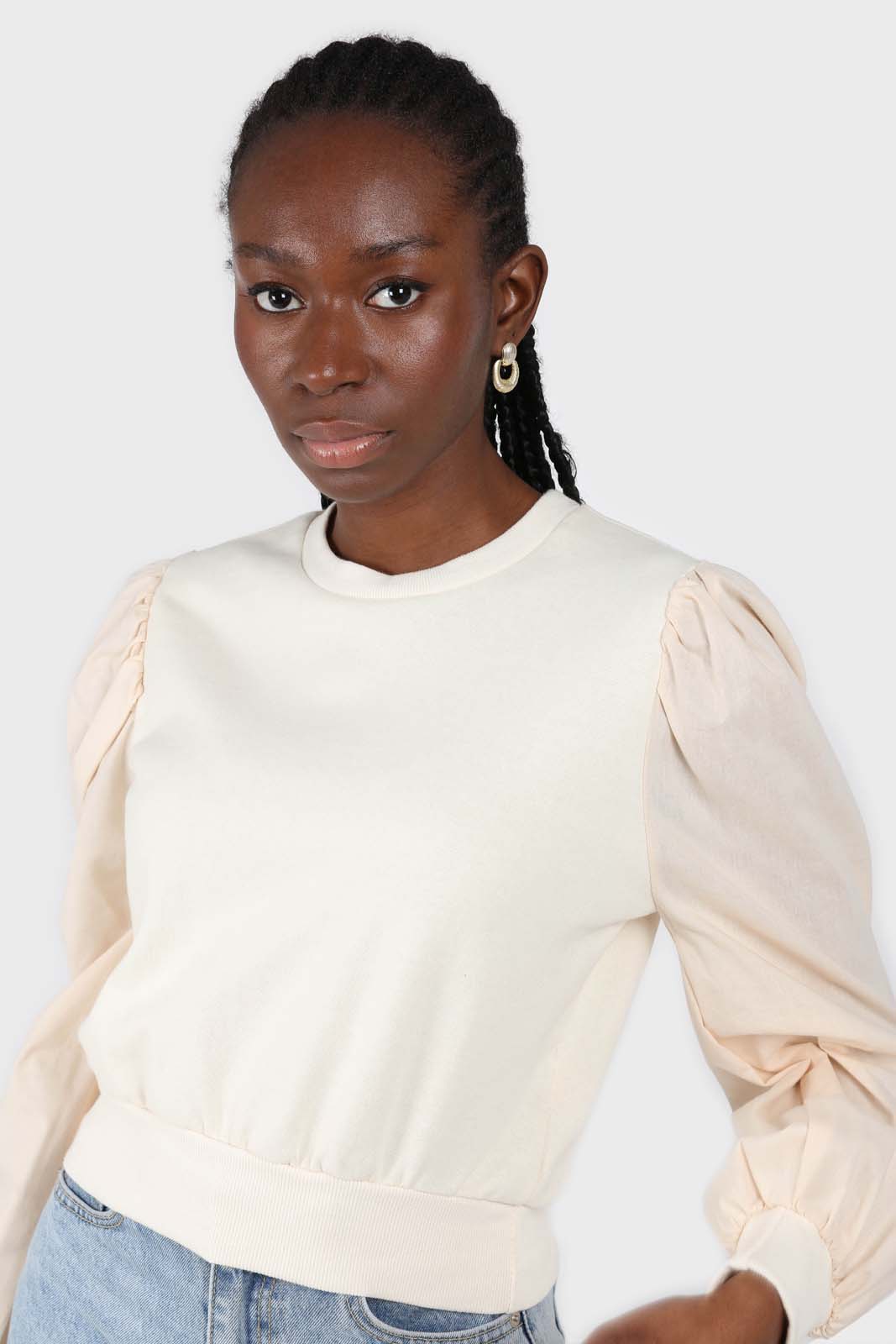 Cream balloon sleeve crop sweatshirt