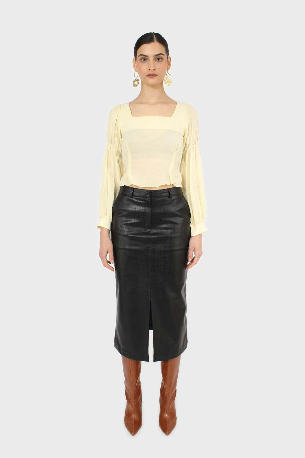 Yellow balloon sleeve bodice tie back top