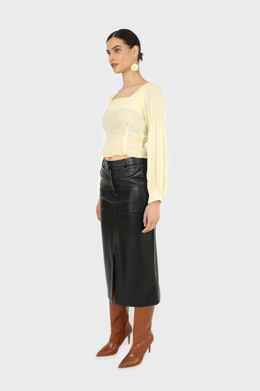 Yellow balloon sleeve bodice tie back top