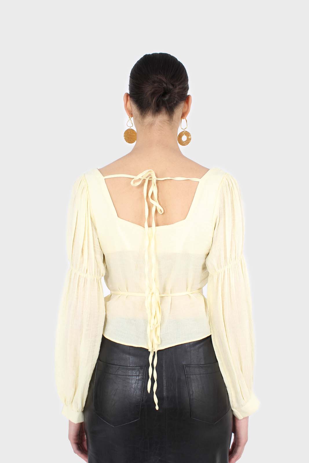 Yellow balloon sleeve bodice tie back top