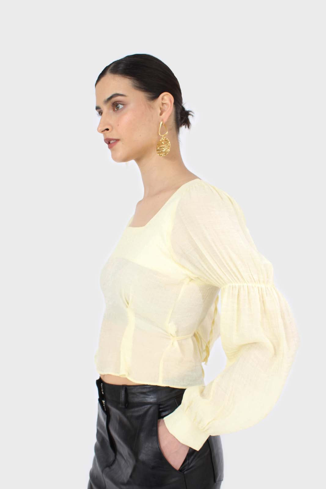 Yellow balloon sleeve bodice tie back top