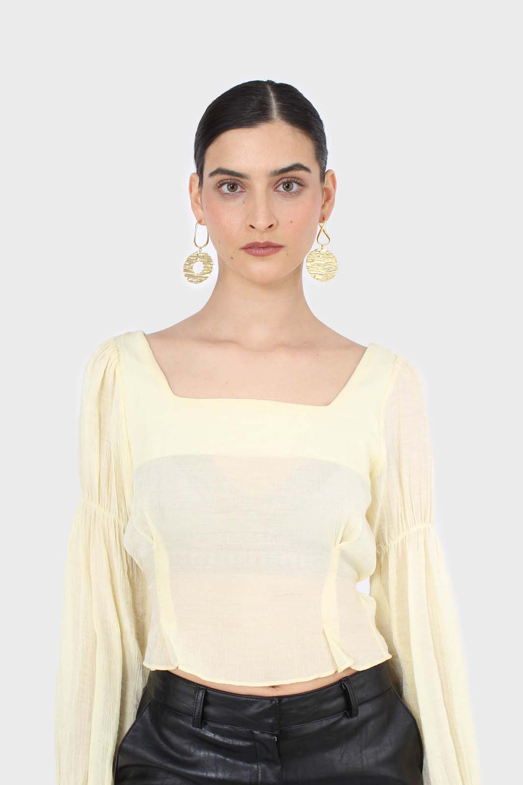 Yellow balloon sleeve bodice tie back top