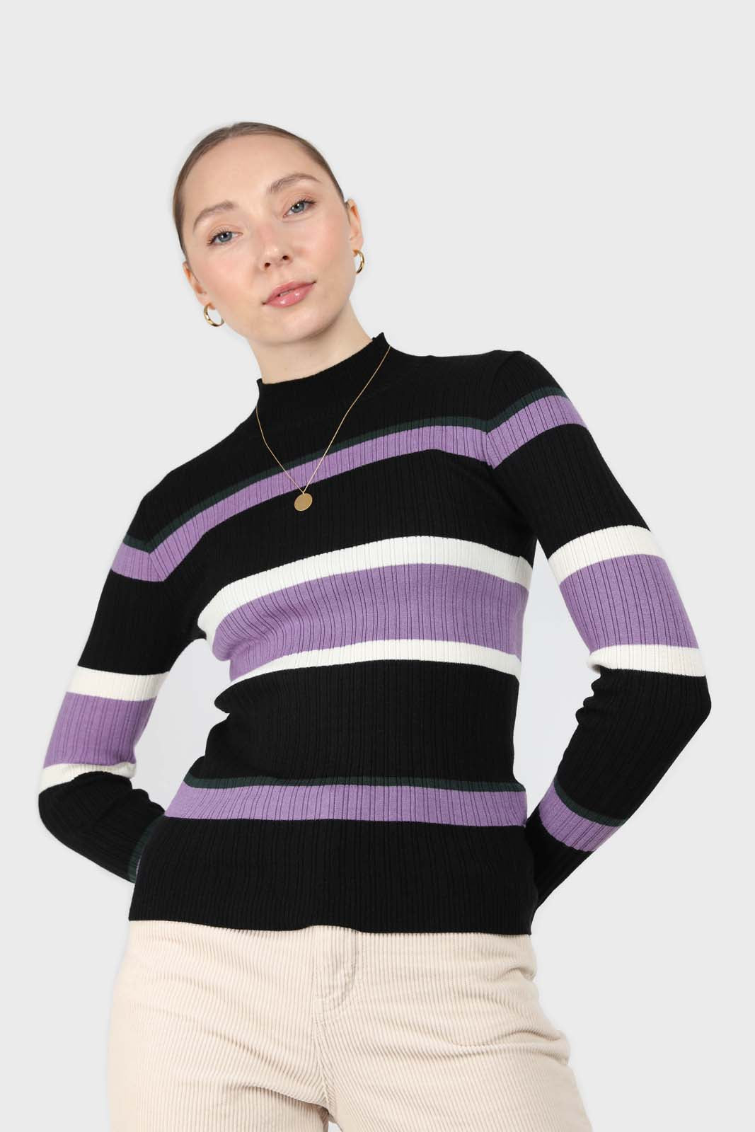 Black and lilac multi stripe long sleeve top
