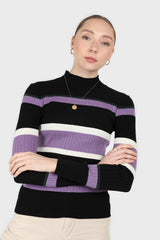 Black and lilac multi stripe long sleeve top