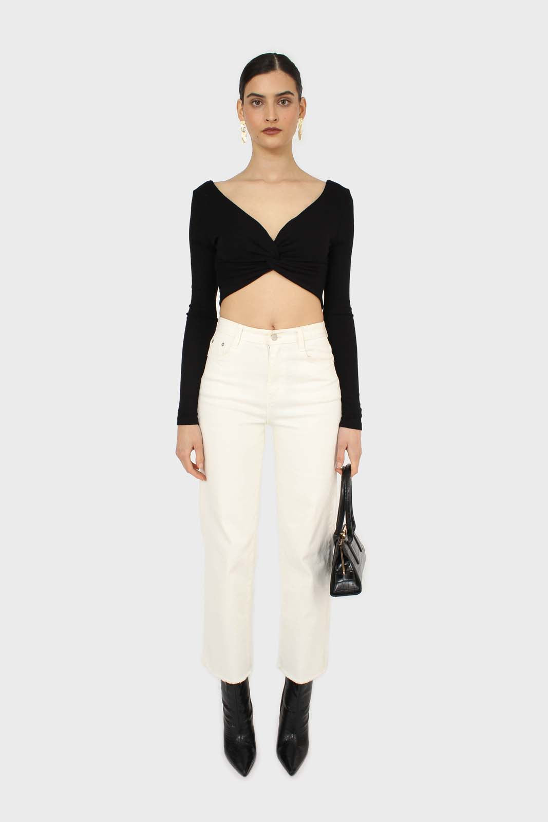 Black twist front long sleeve crop top