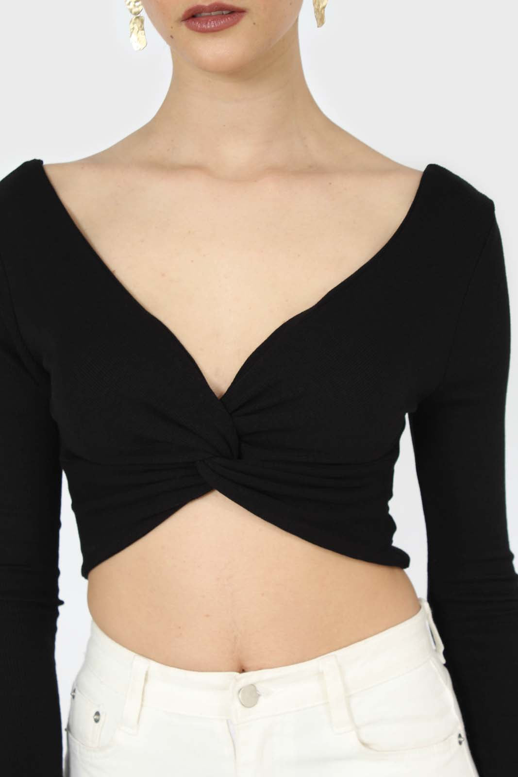 Black twist front long sleeve crop top