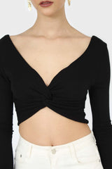 Black twist front long sleeve crop top