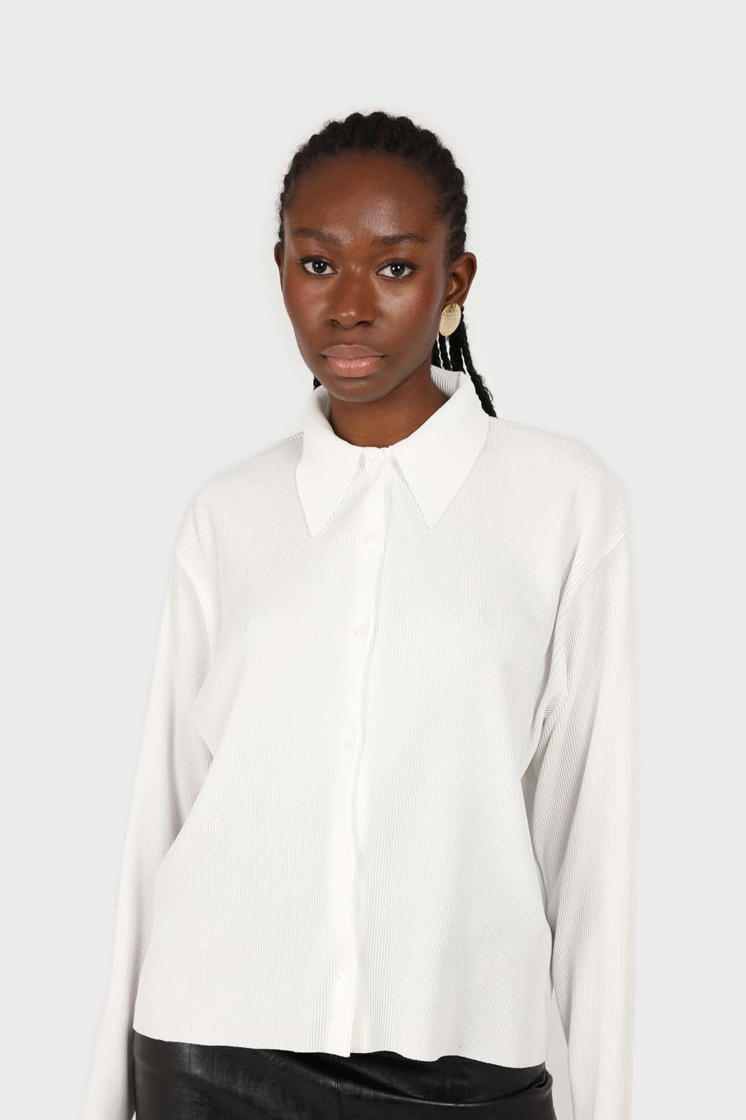 White micro pleated long sleeved shirt