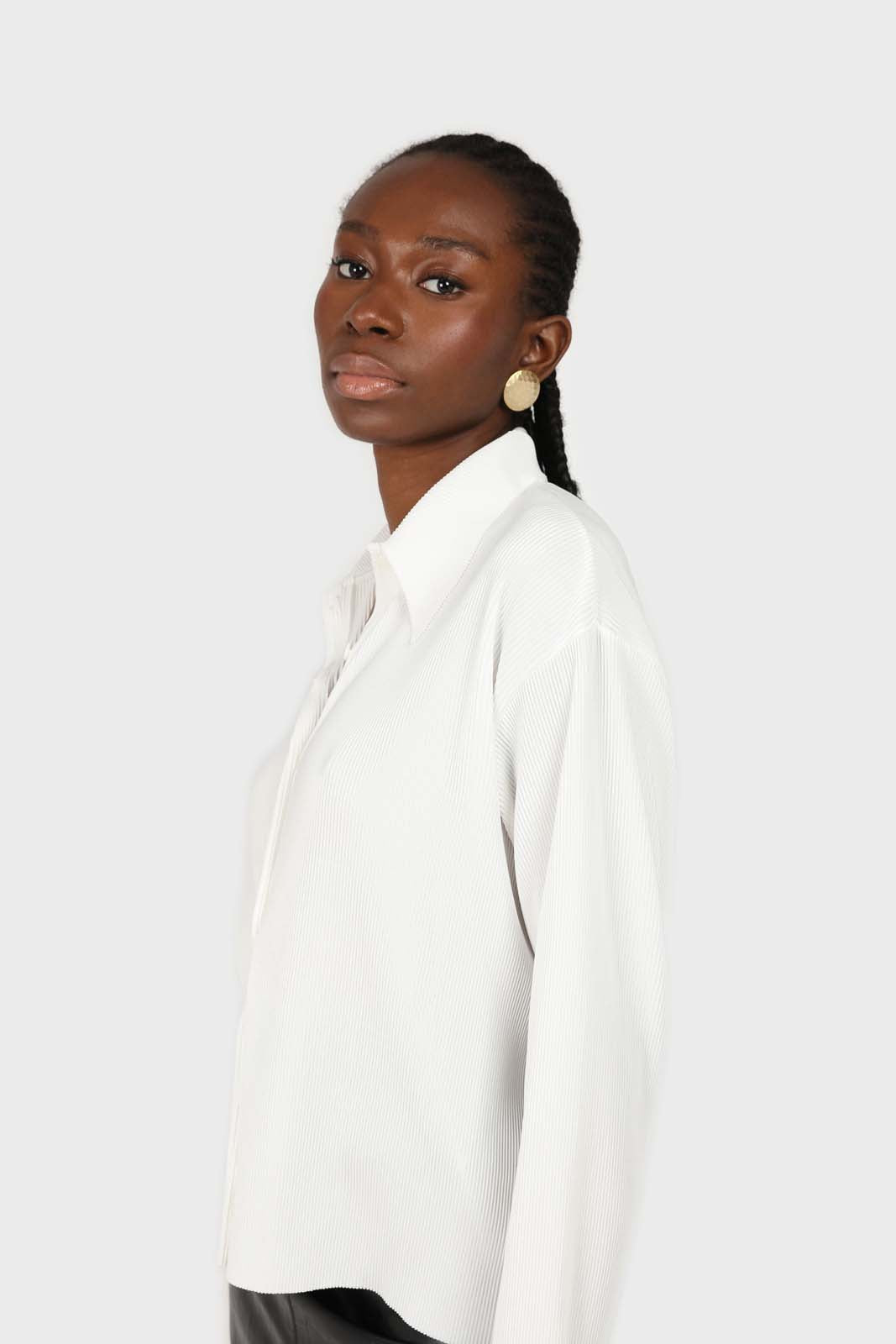 White micro pleated long sleeved shirt