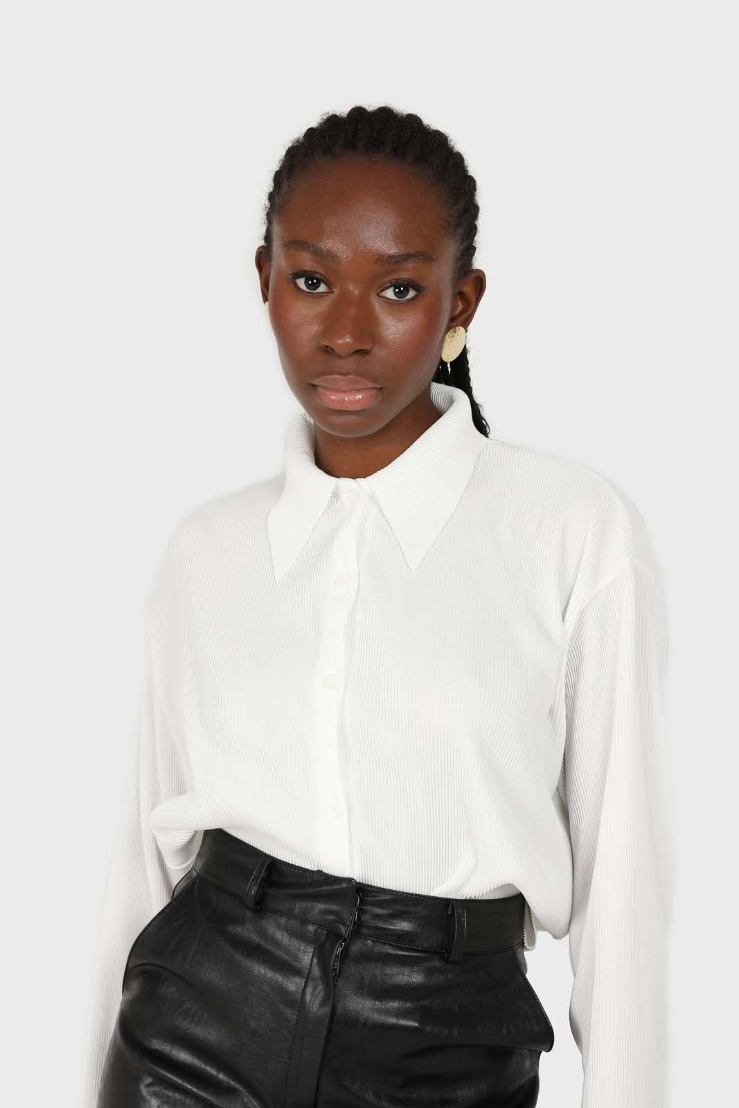 White micro pleated long sleeved shirt
