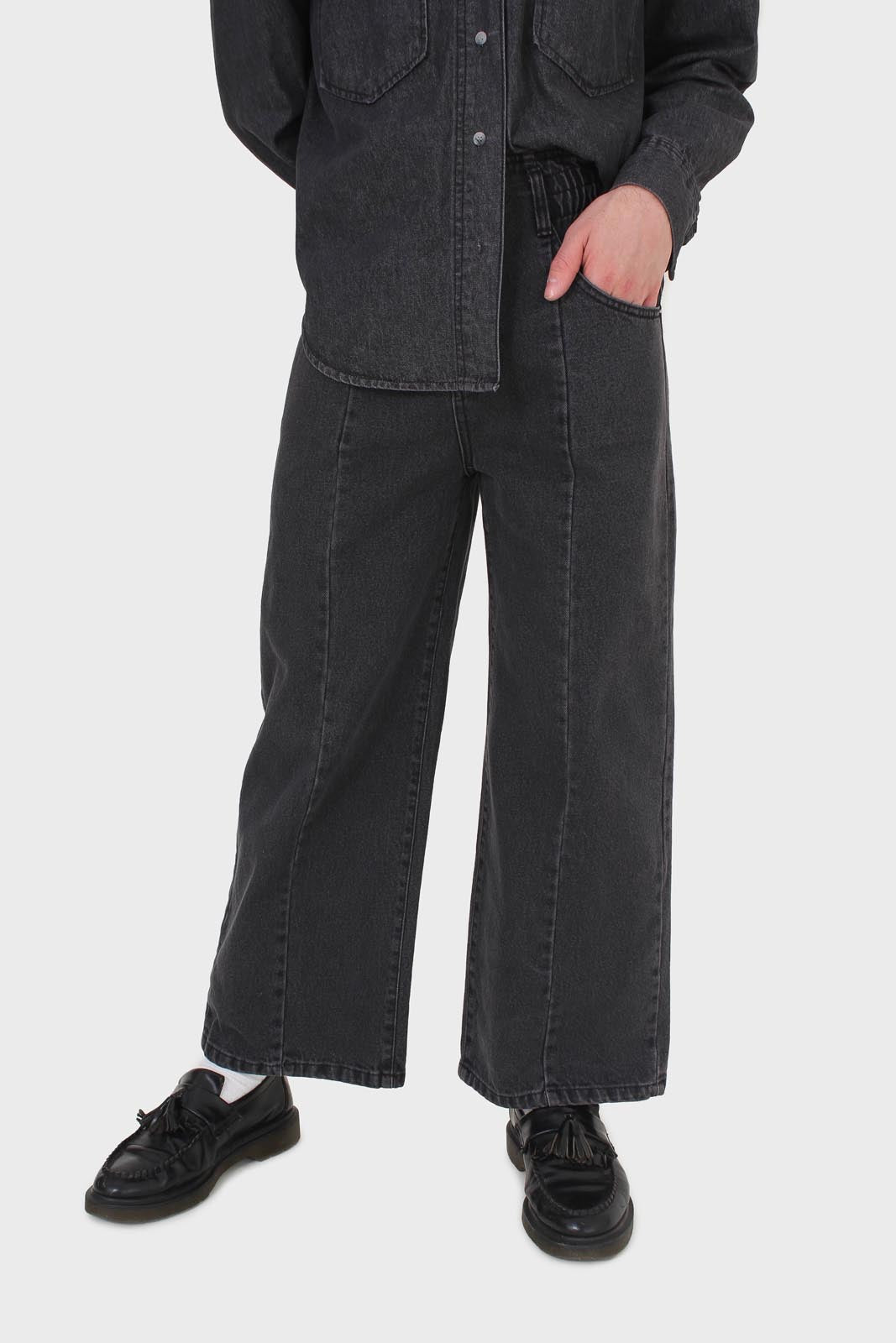 Black wide leg panel front pocket jeans