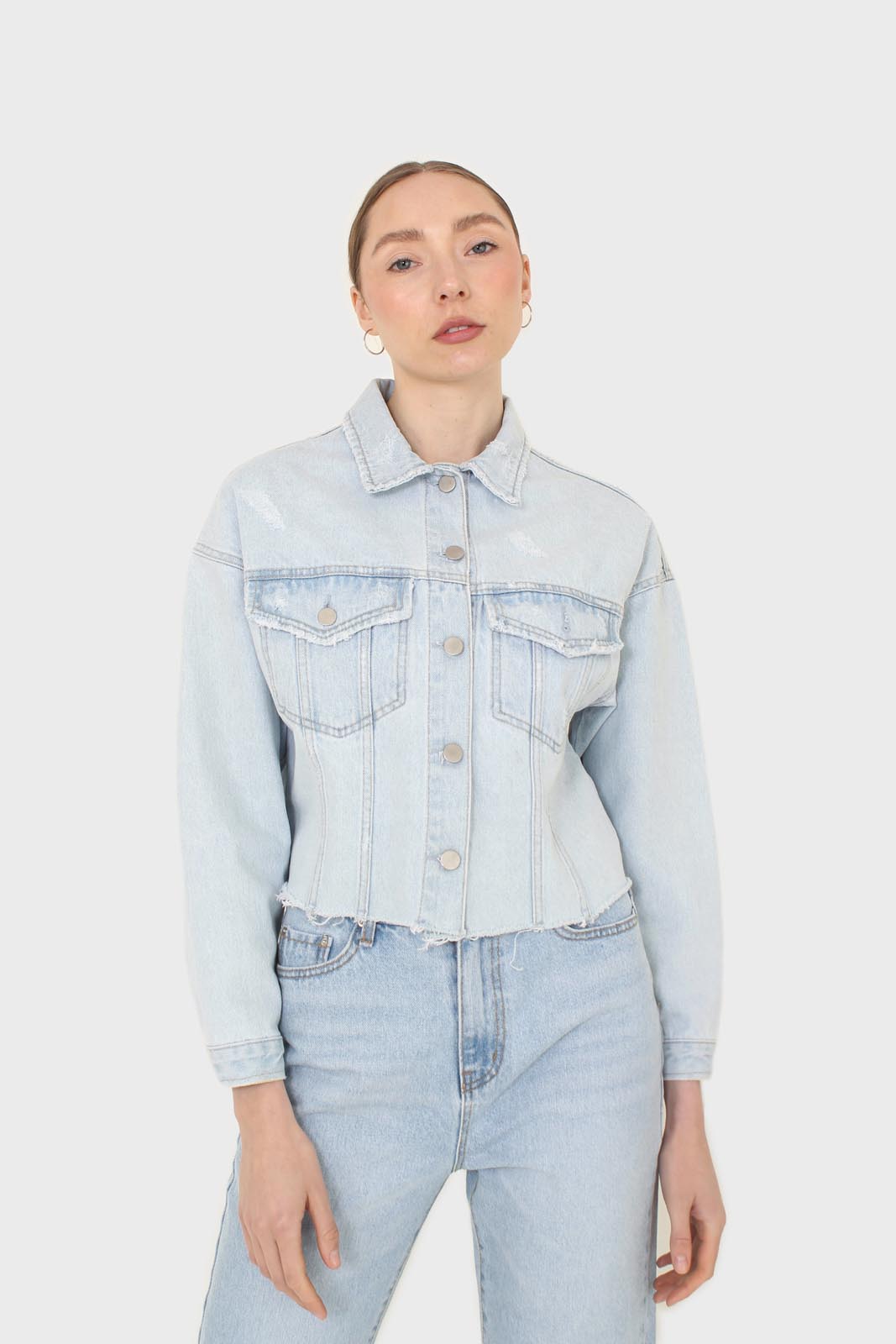 Blue cut hem crop denim jacket