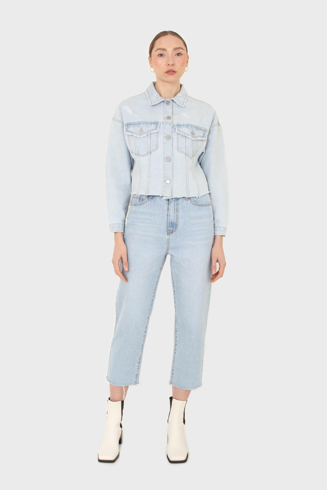 Blue cut hem crop denim jacket