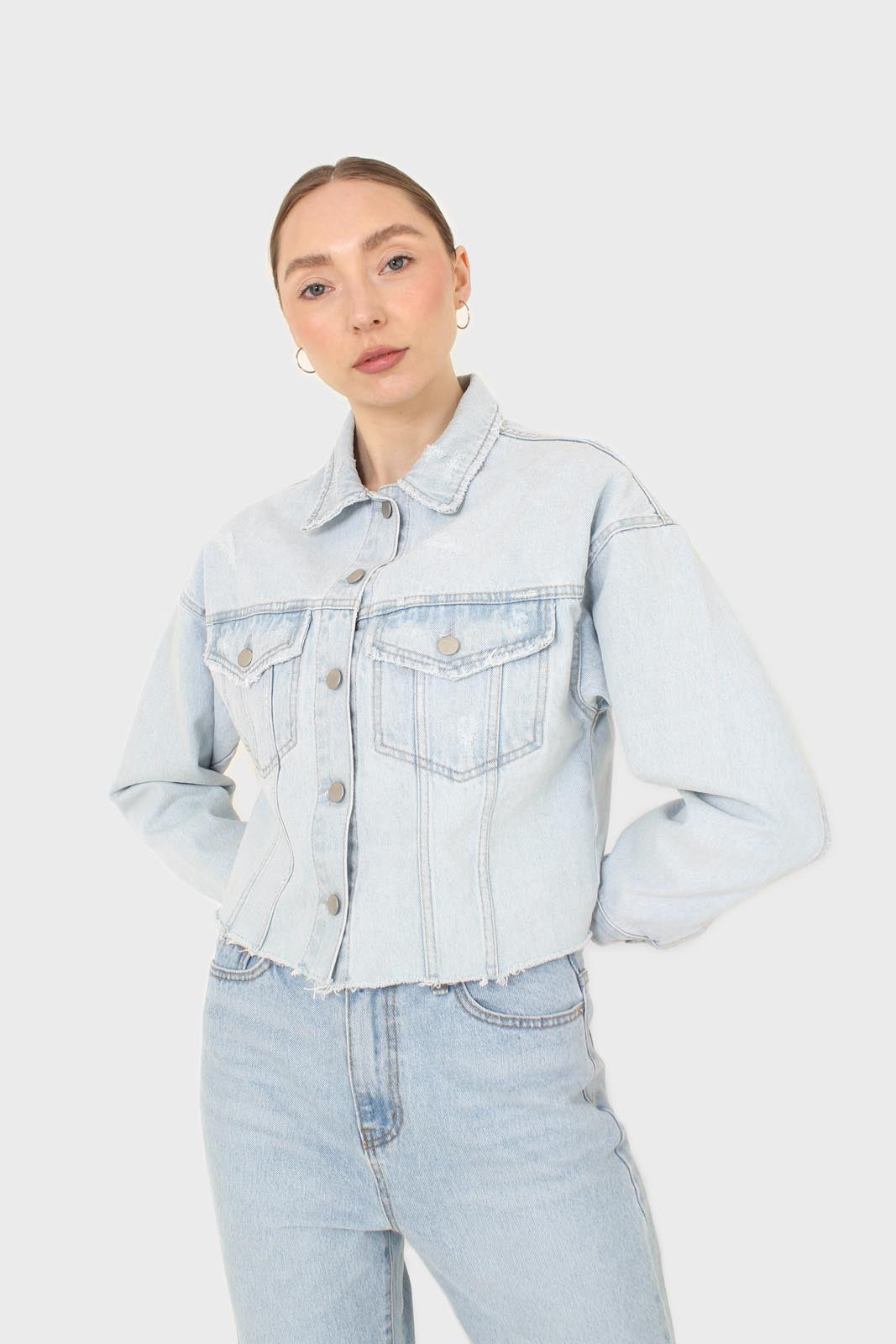 Blue cut hem crop denim jacket