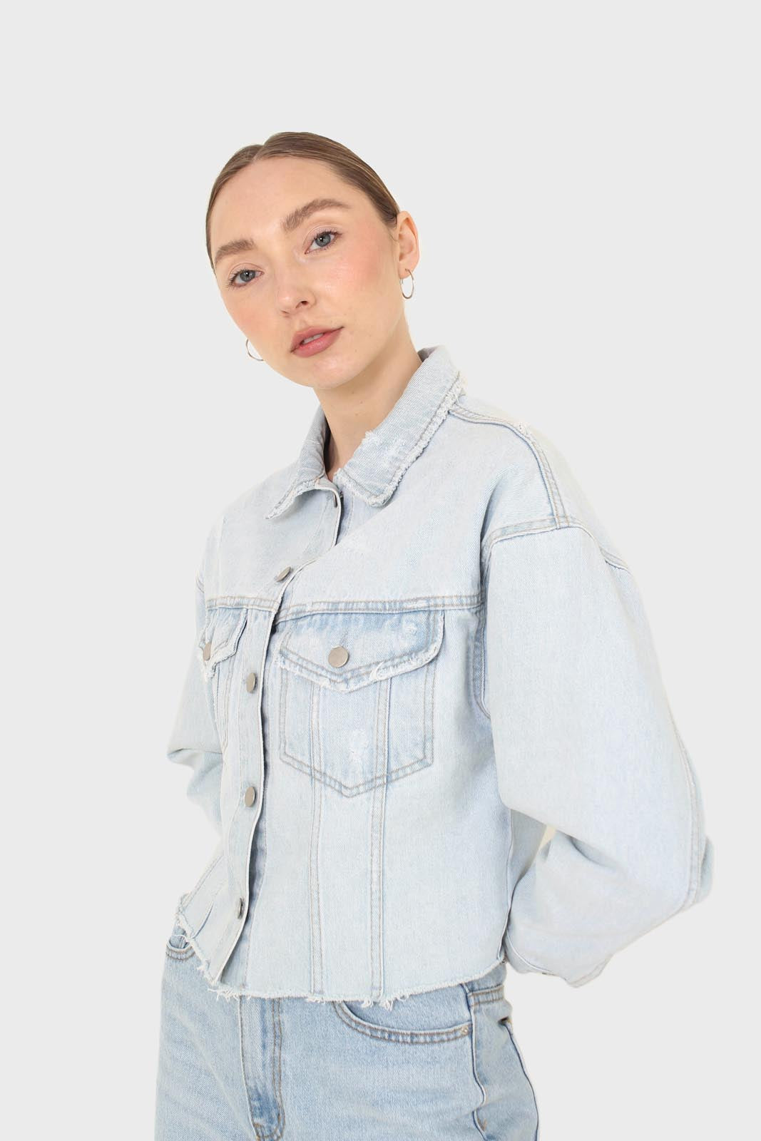 Blue cut hem crop denim jacket