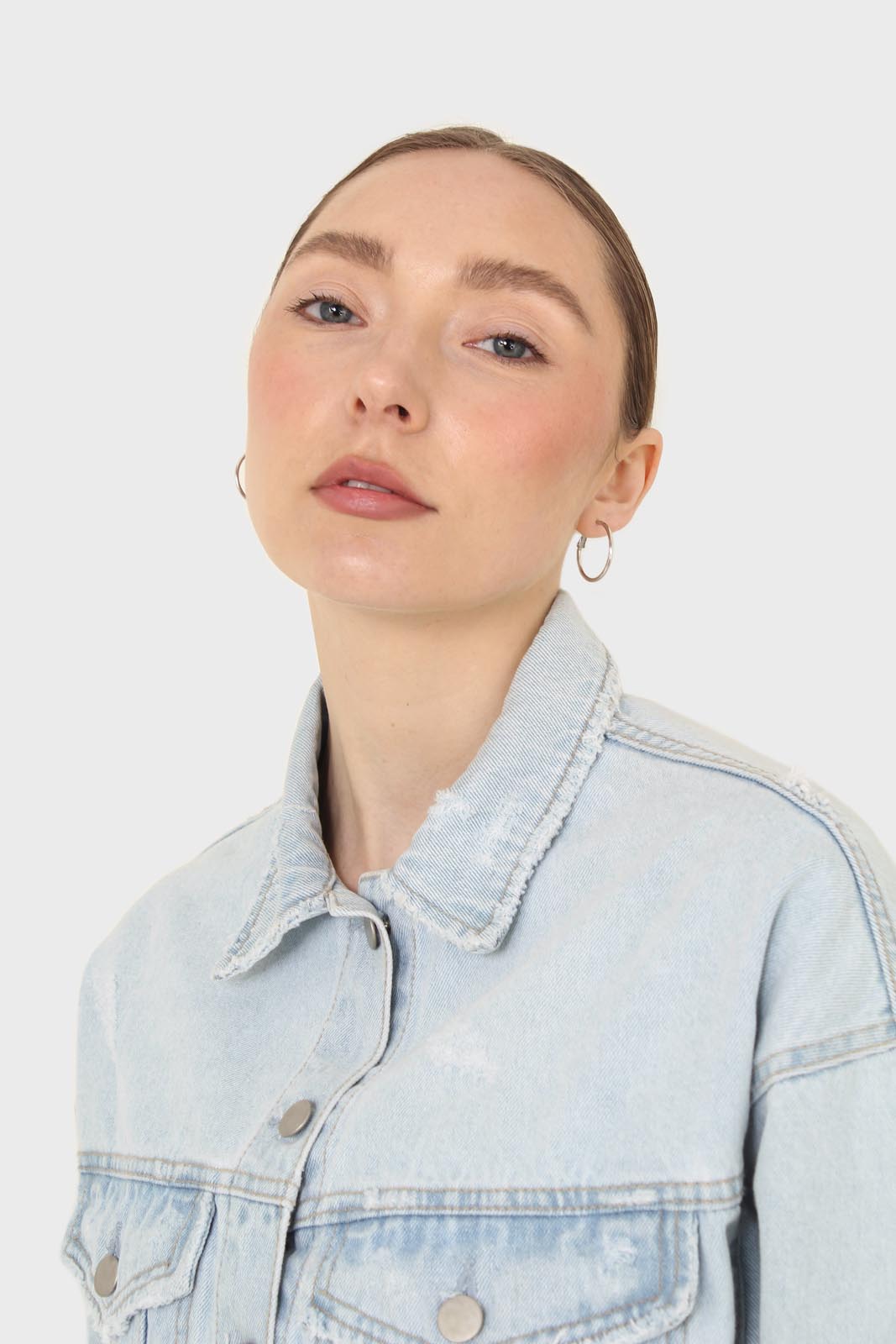 Blue cut hem crop denim jacket