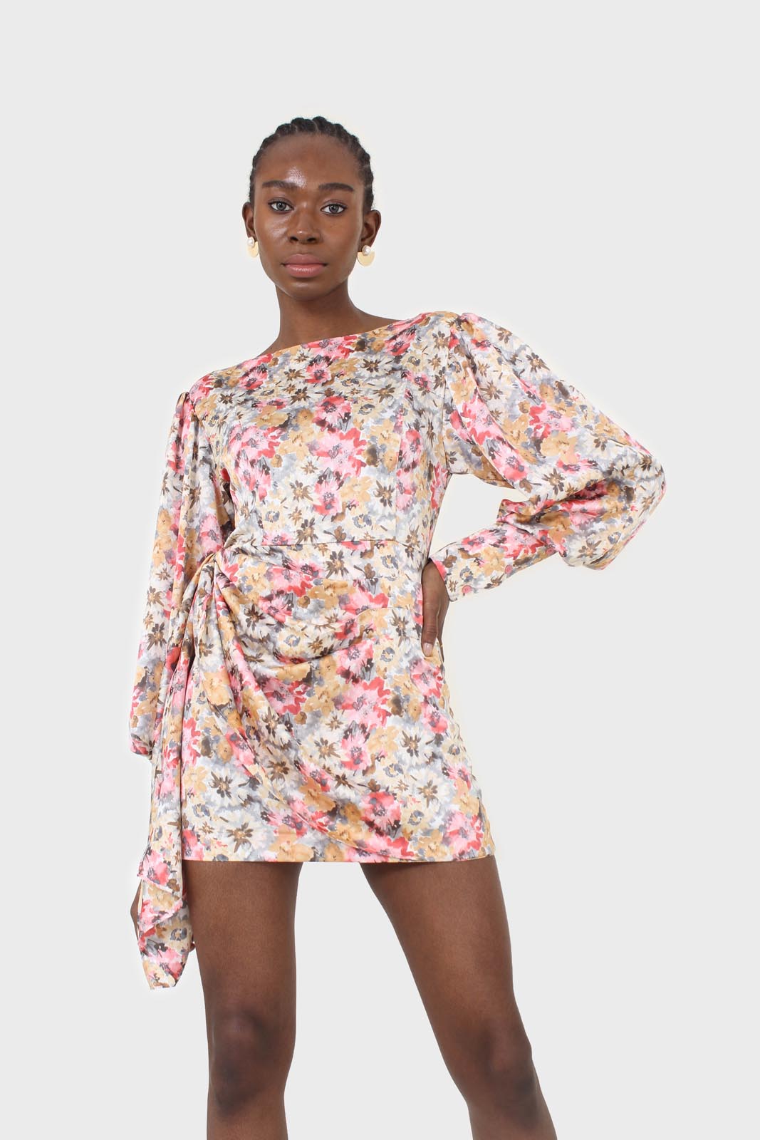 Pink balloon sleeve floral tie waist mini dress