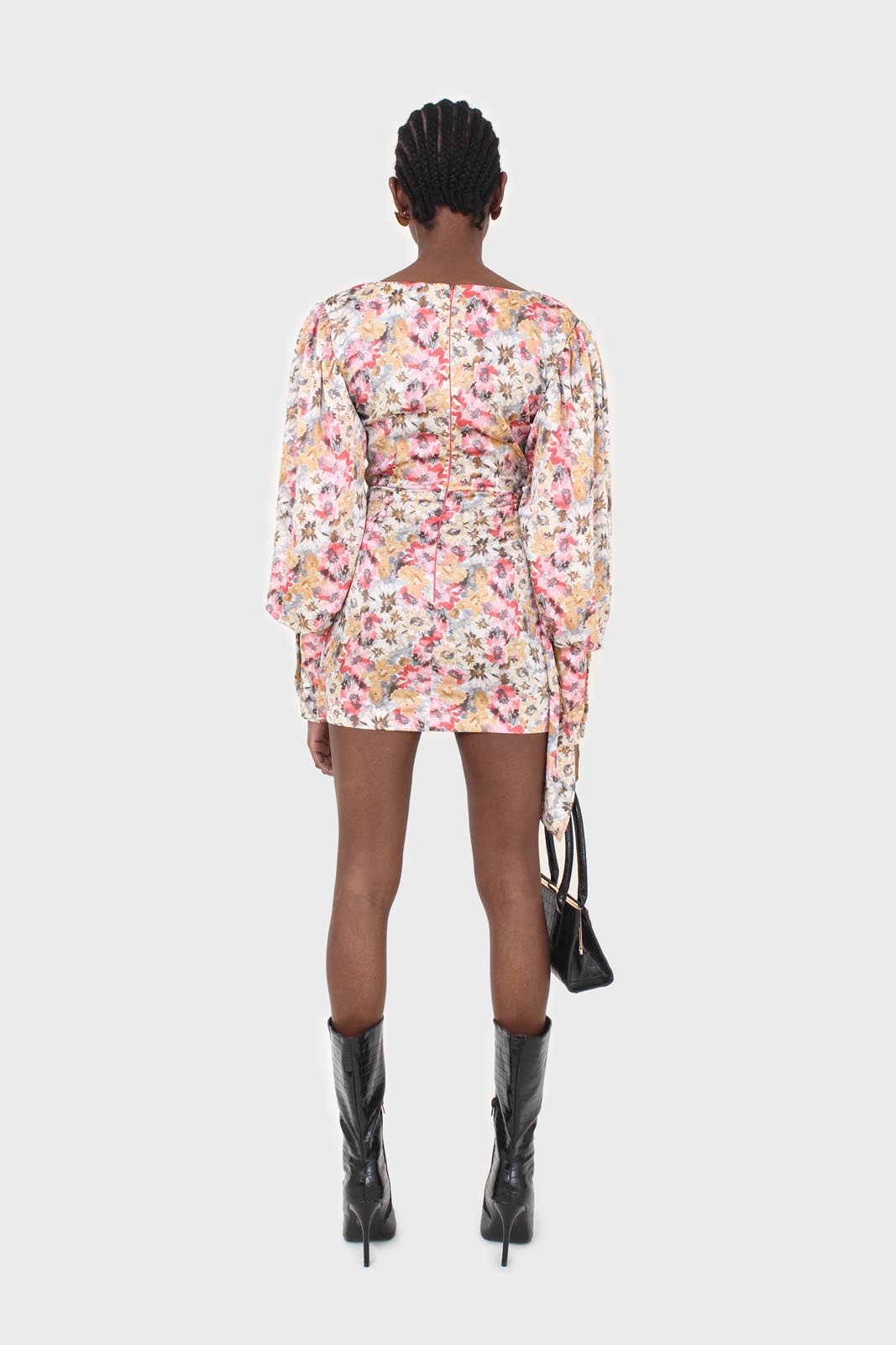 Pink balloon sleeve floral tie waist mini dress