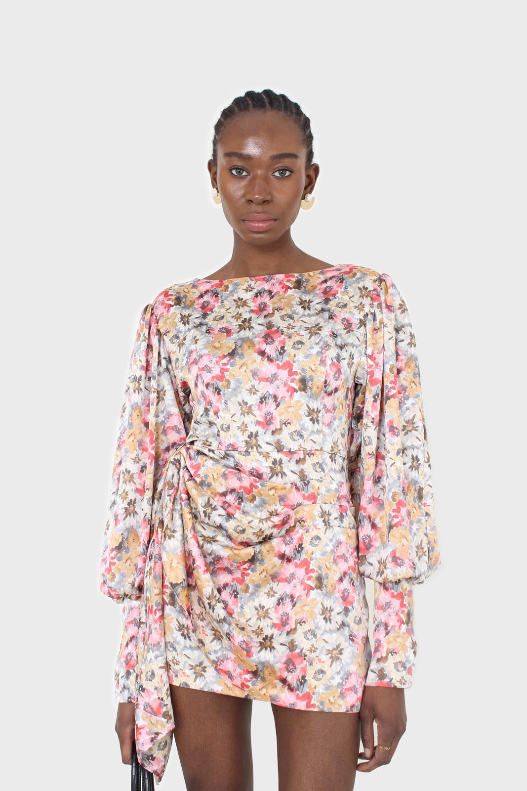 Pink balloon sleeve floral tie waist mini dress