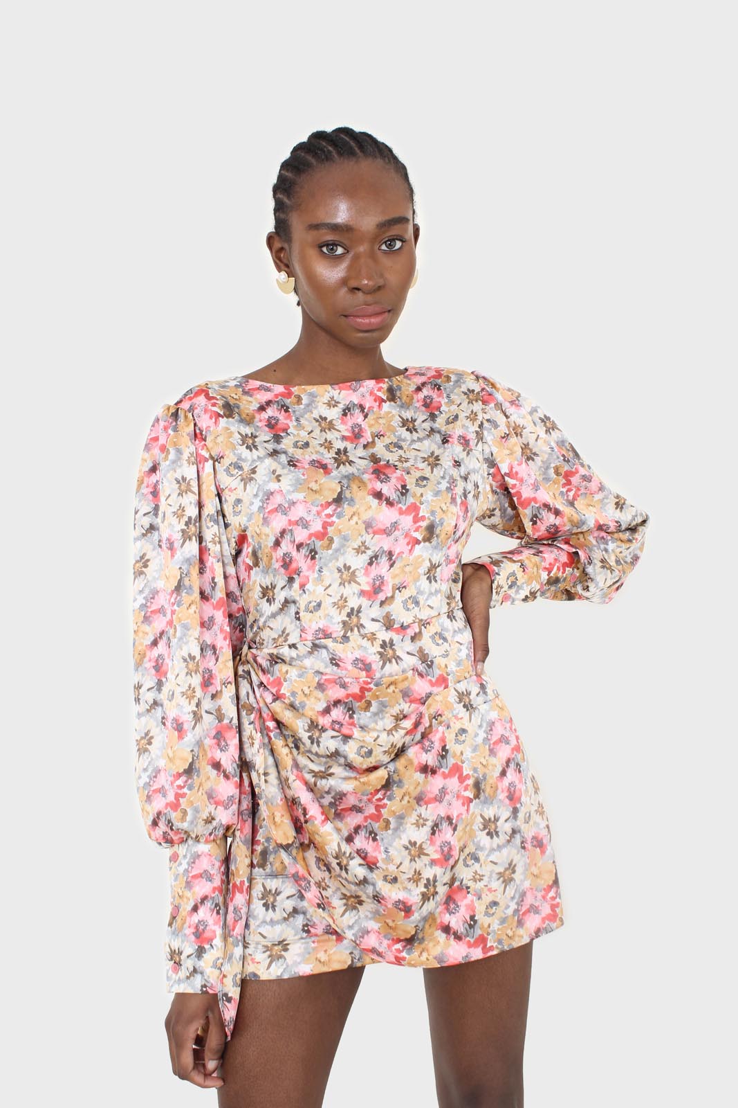 Pink balloon sleeve floral tie waist mini dress