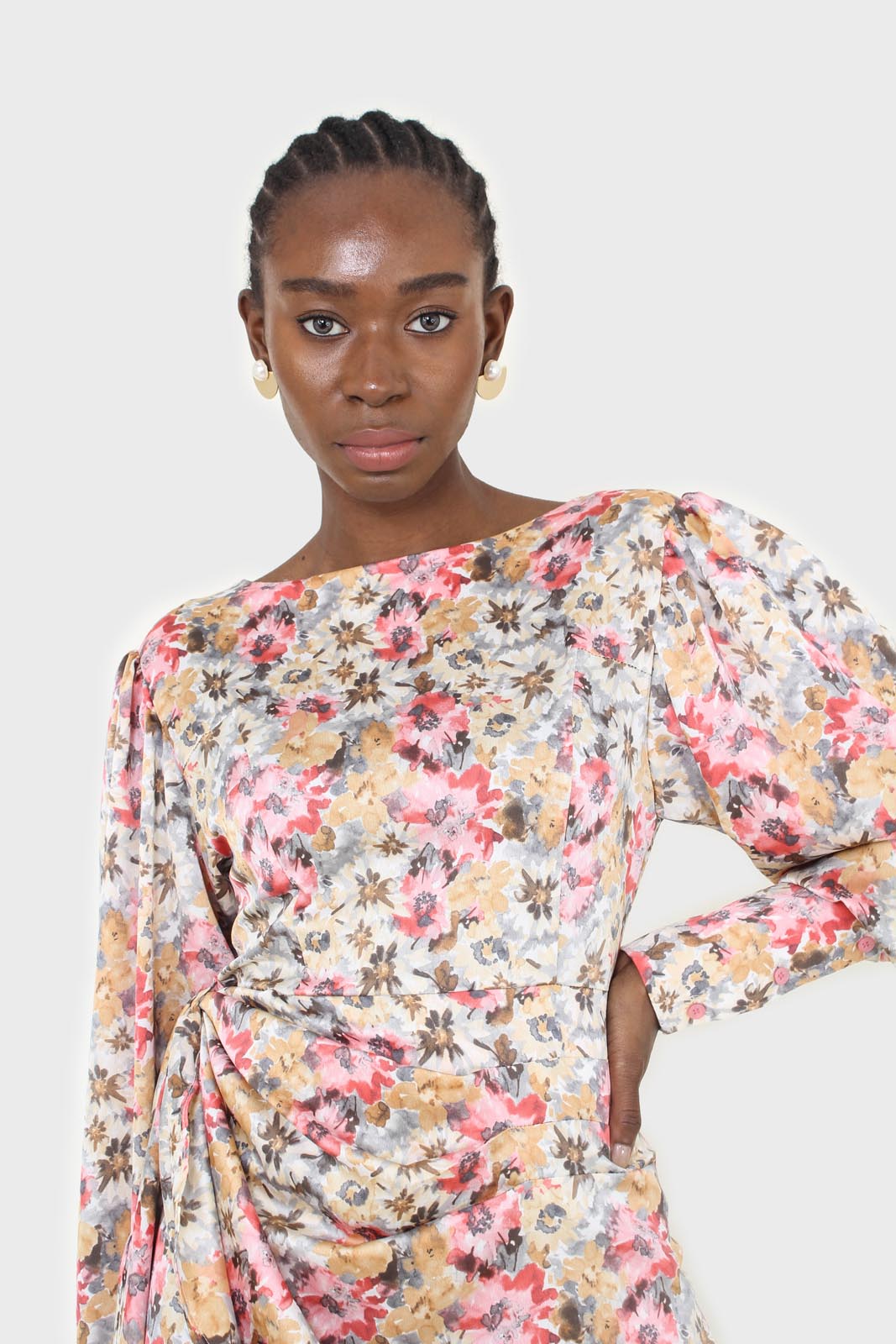 Pink balloon sleeve floral tie waist mini dress