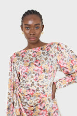 Pink balloon sleeve floral tie waist mini dress