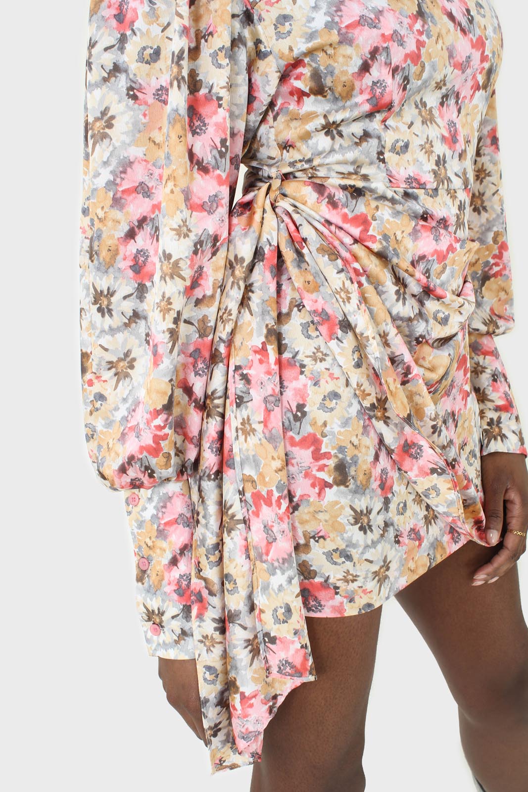 Pink balloon sleeve floral tie waist mini dress