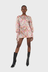 Pink balloon sleeve floral tie waist mini dress