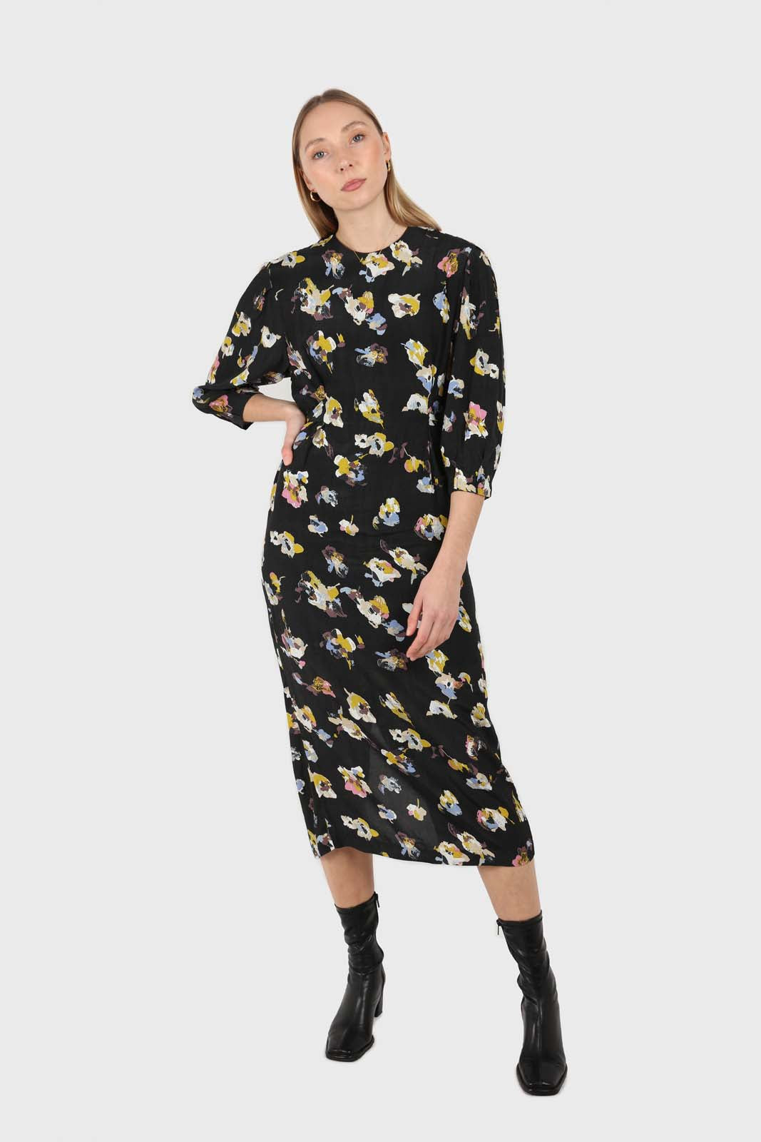 Black floral bias cut long sleeved maxi dress