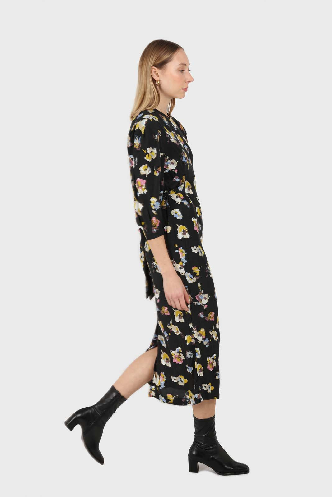 Black floral bias cut long sleeved maxi dress