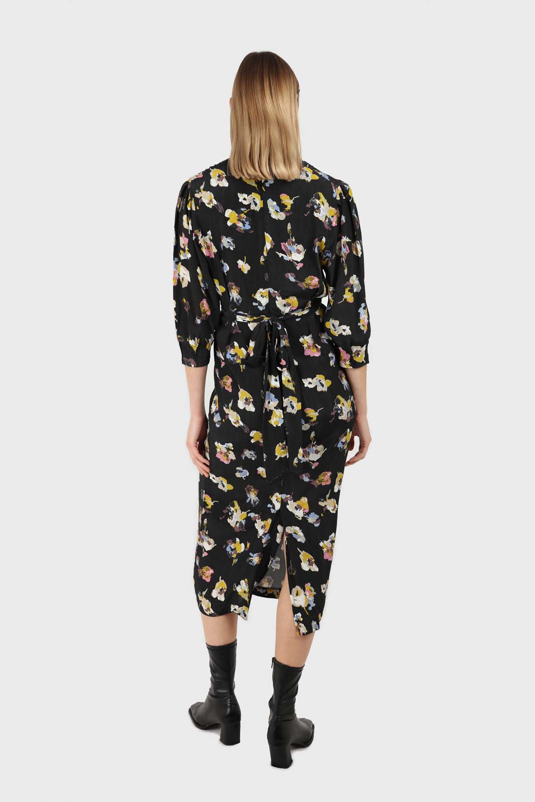 Black floral bias cut long sleeved maxi dress