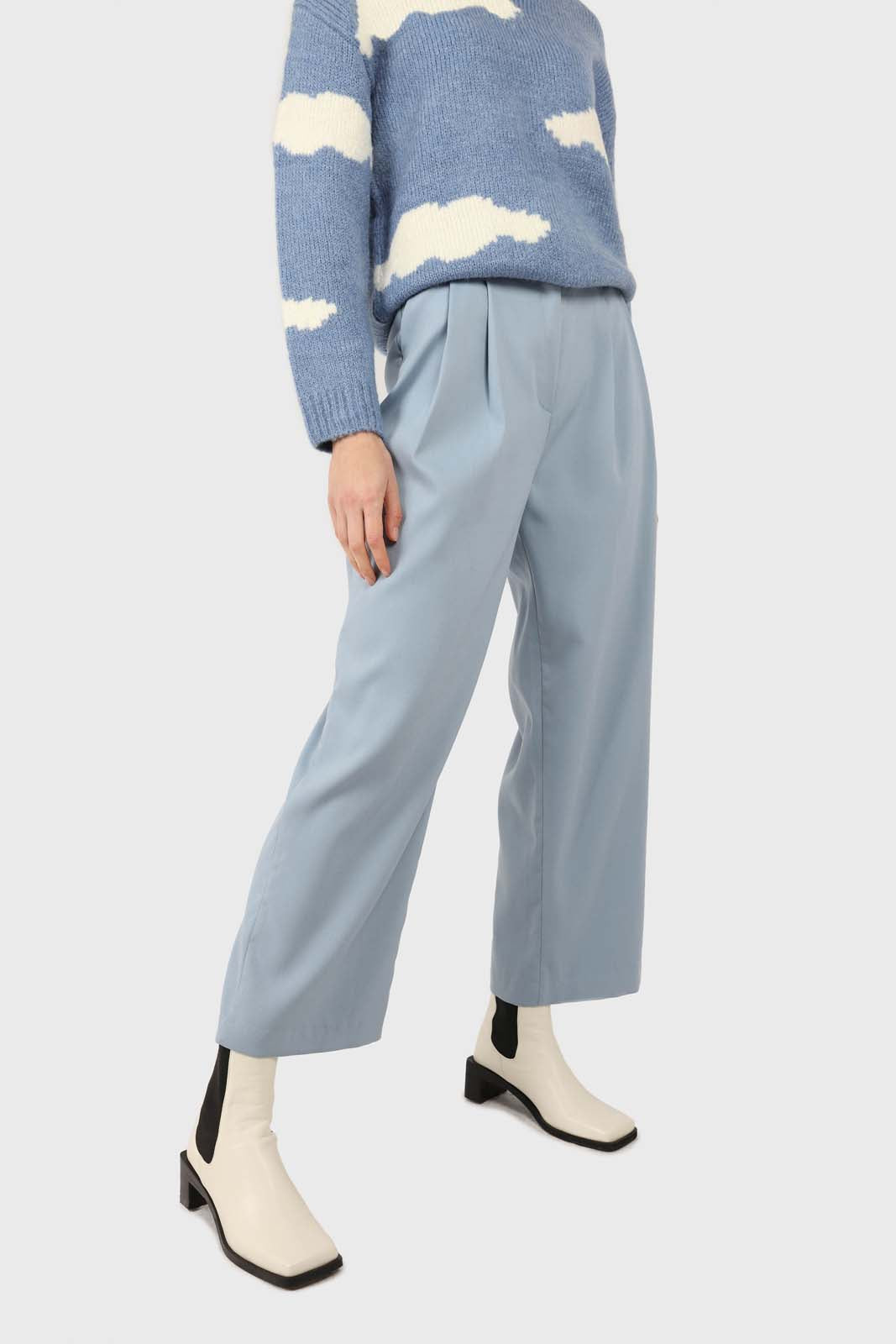 Mid blue wide leg tab waist smart trousers