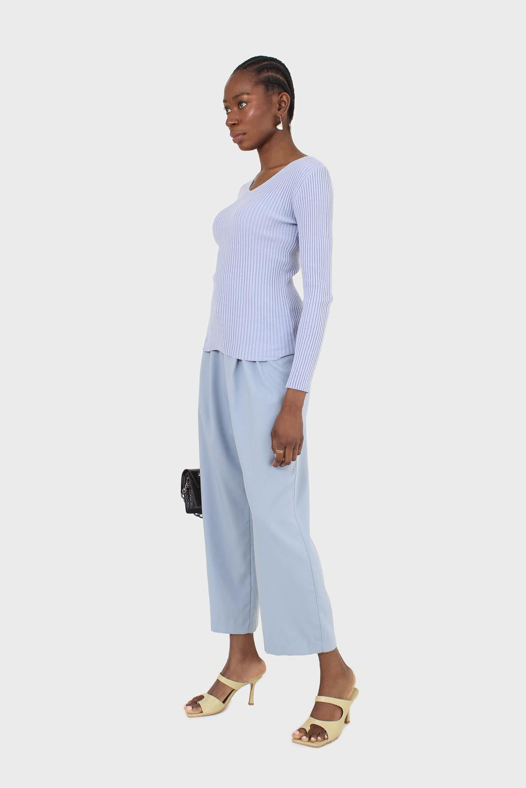 Mid blue wide leg tab waist smart trousers