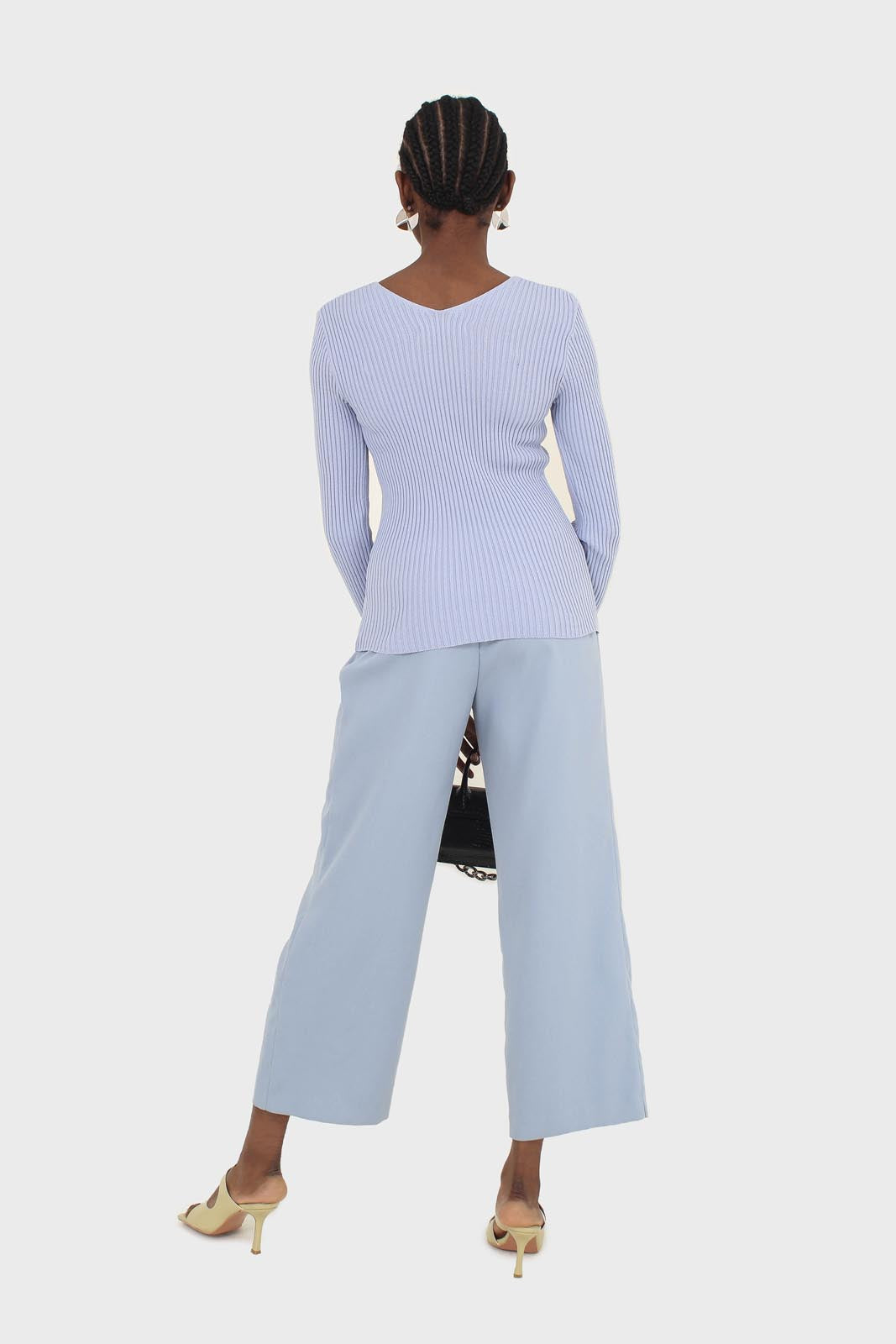 Mid blue wide leg tab waist smart trousers