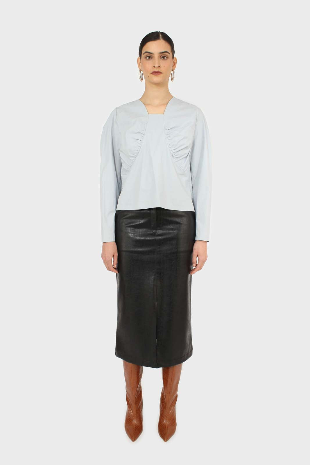 Blue ruched front long sleeve top
