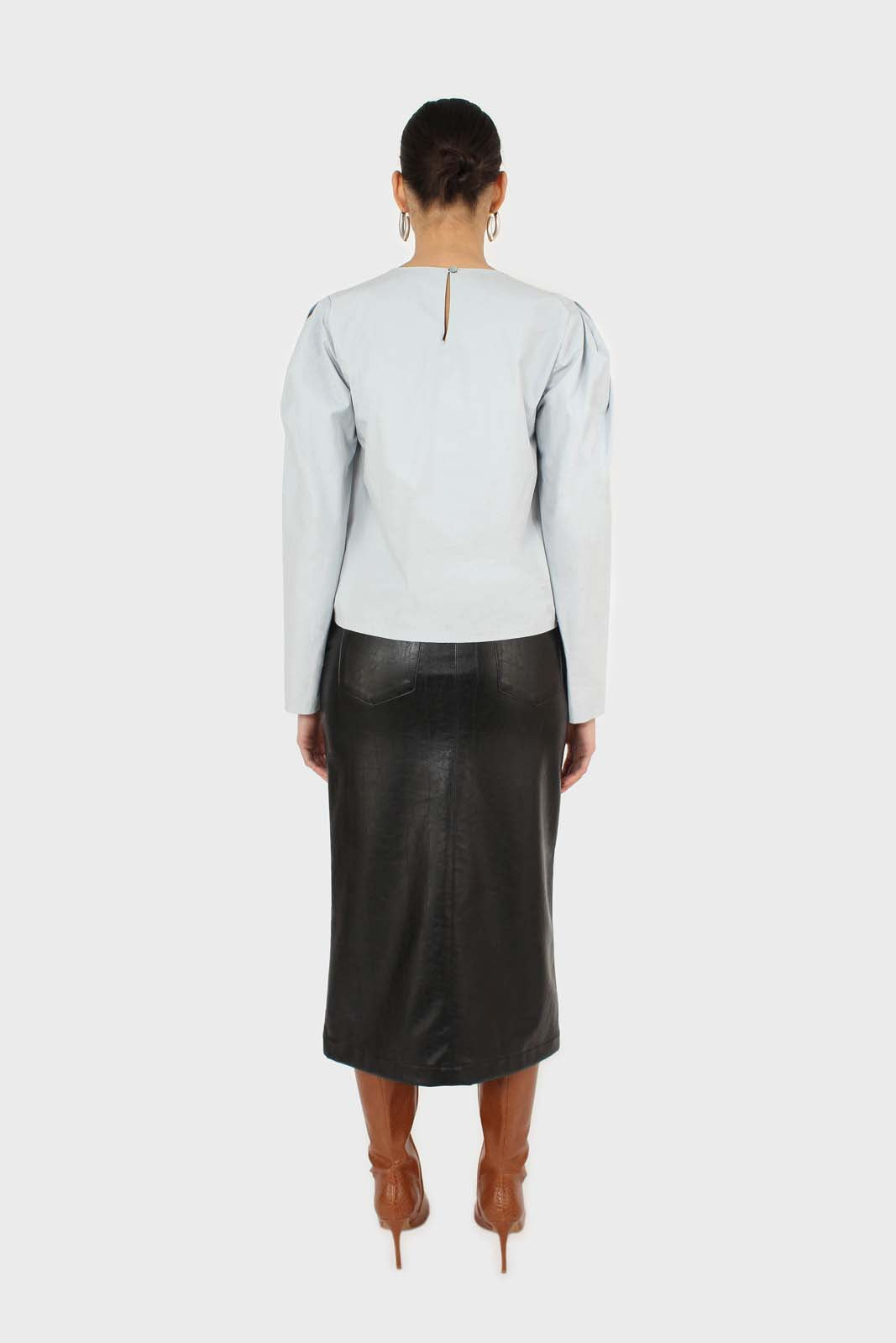 Blue ruched front long sleeve top