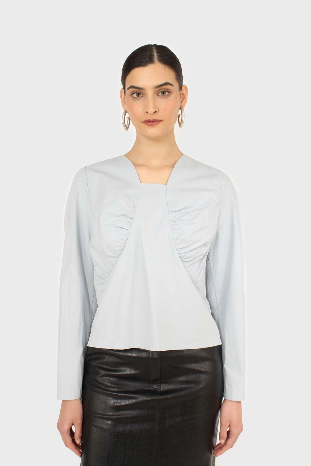 Blue ruched front long sleeve top