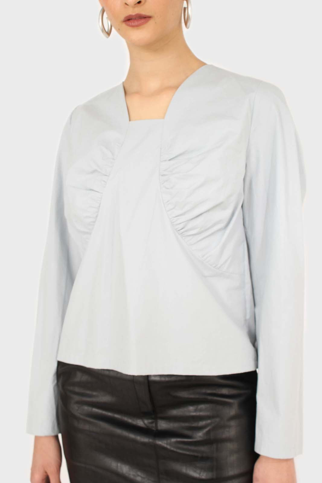 Blue ruched front long sleeve top