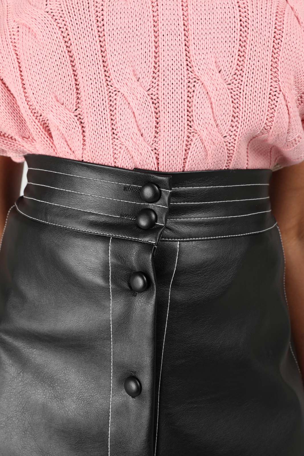Black vegan leather contrast stitch button maxi skirt