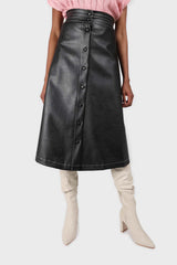 Black vegan leather contrast stitch button maxi skirt