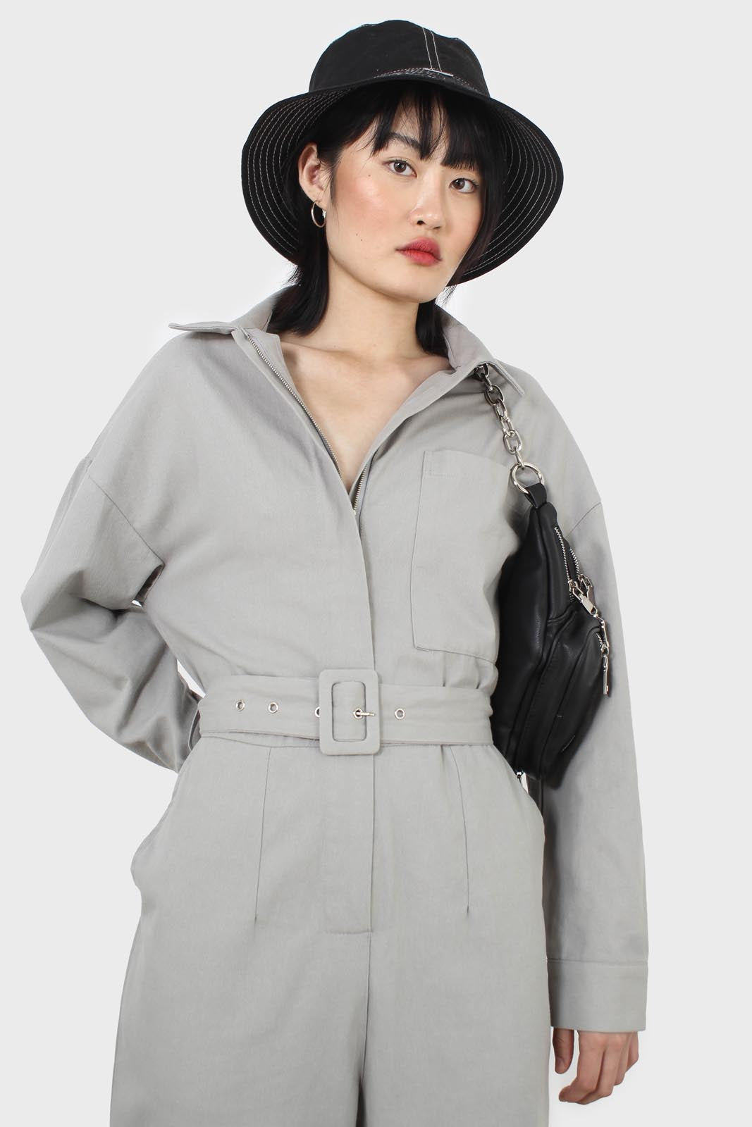 Grey patch pocket belted boilersuit