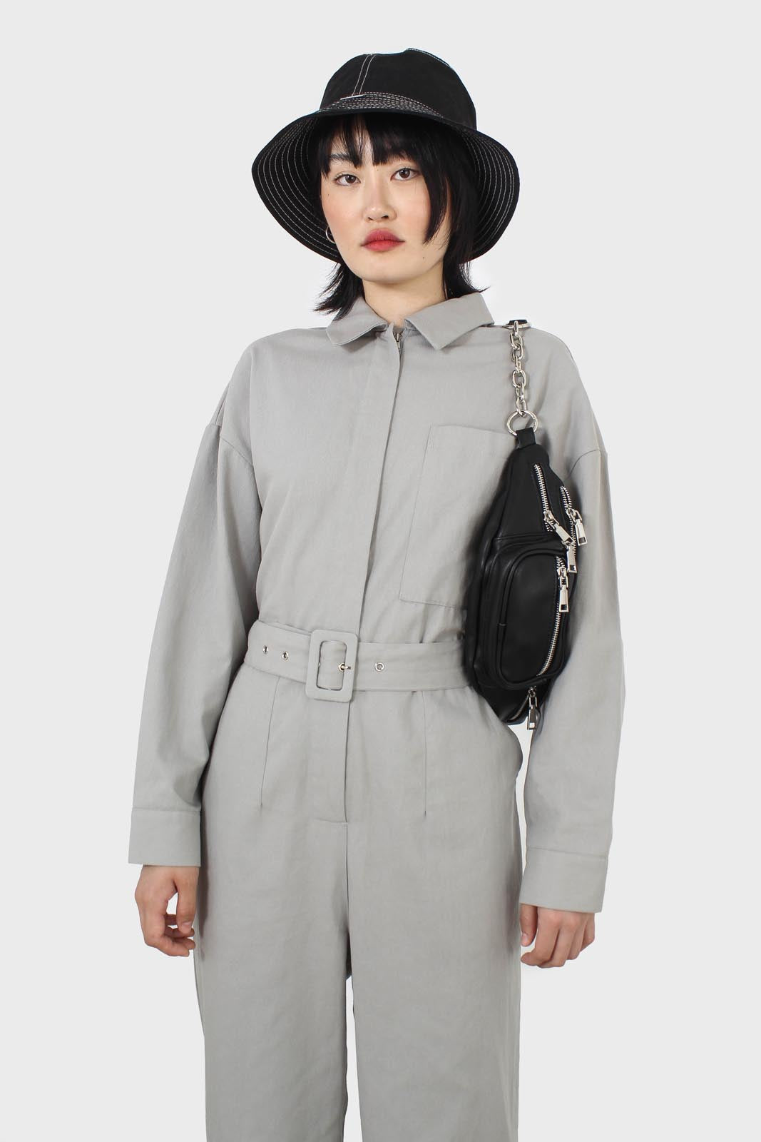 Grey patch pocket belted boilersuit