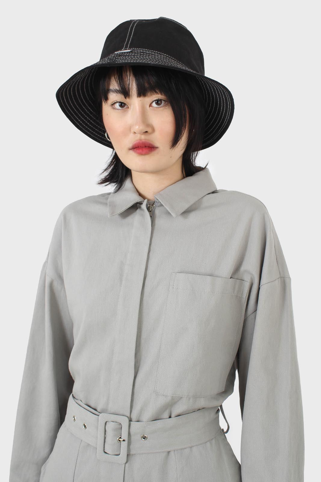 Grey patch pocket belted boilersuit