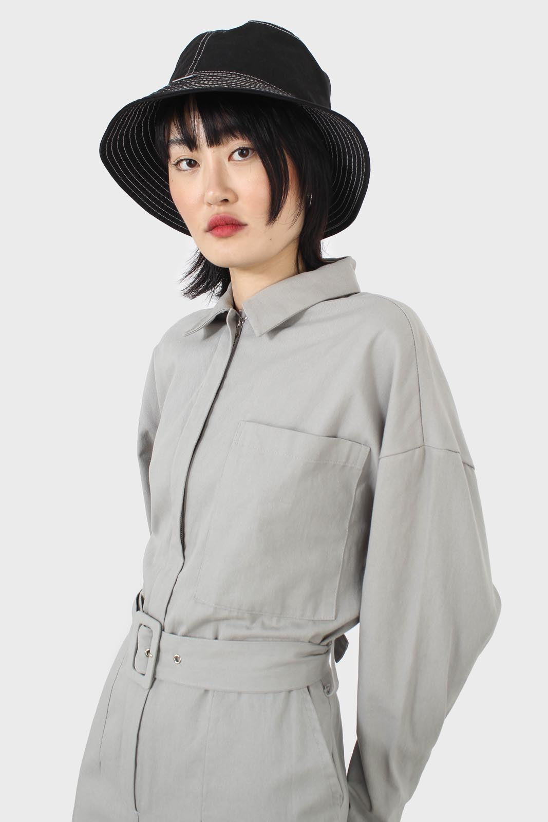 Grey patch pocket belted boilersuit