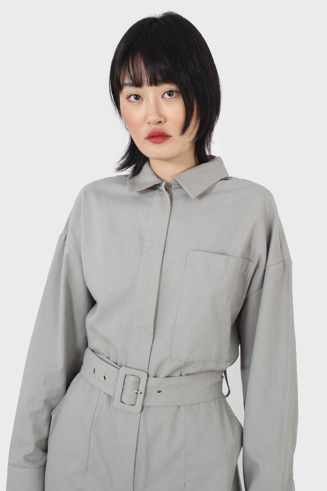 Grey patch pocket belted boilersuit