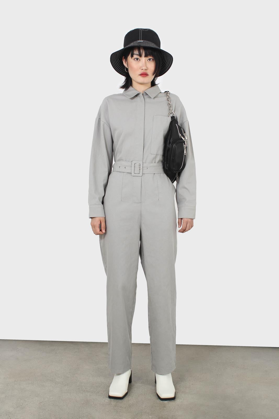 Grey patch pocket belted boilersuit