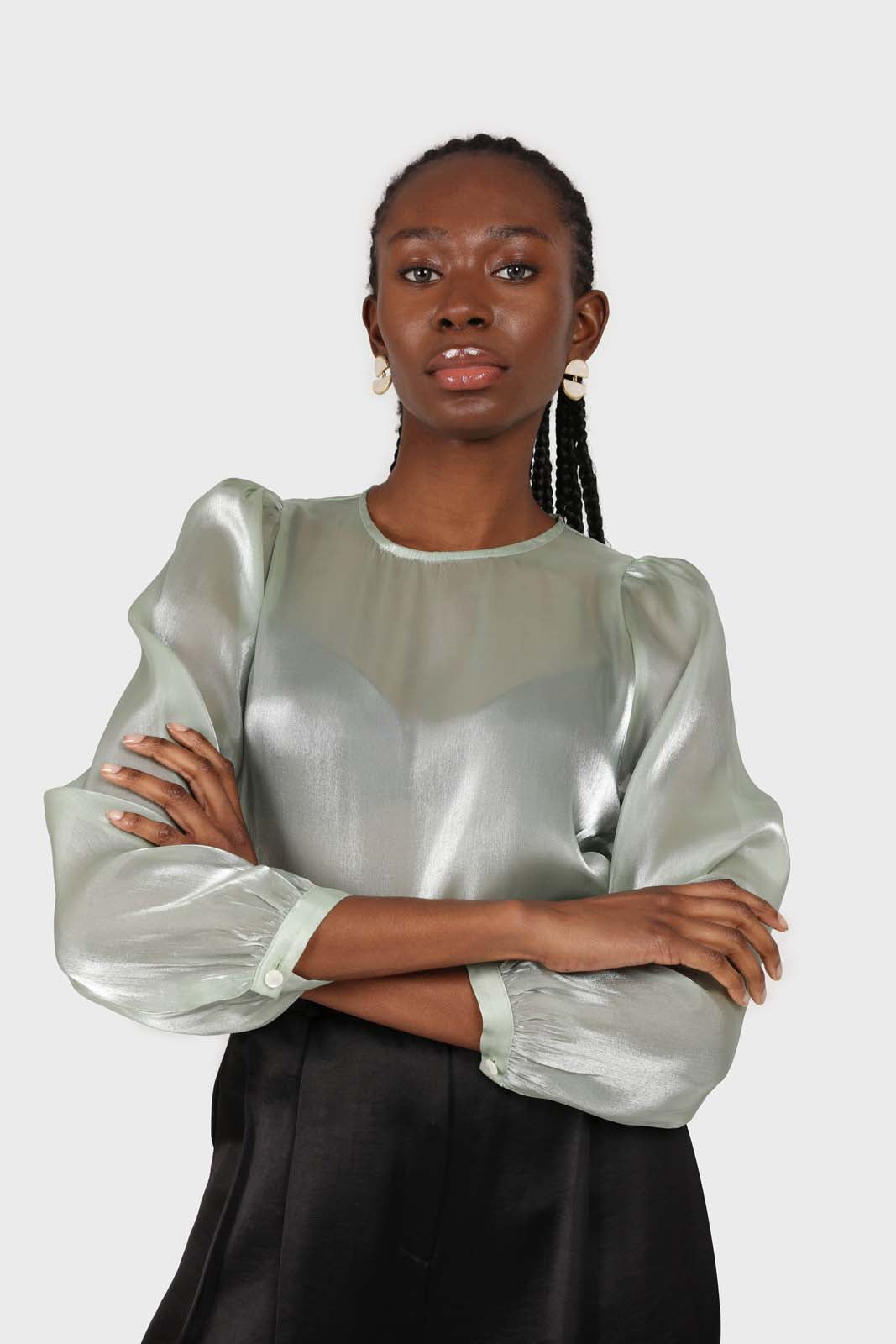 Mint green balloon sleeve silky top