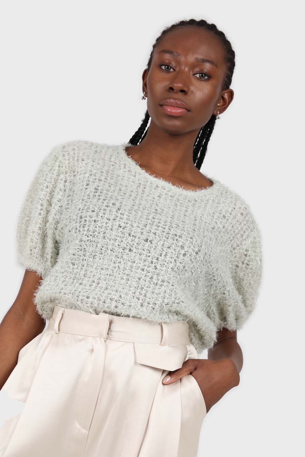 Mint green fuzzy short sleeved jumper